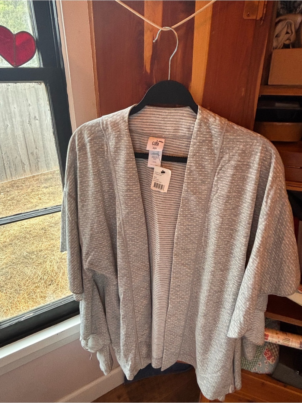 CAbi Heathered Light Gray Open-Front Draped Cardigan